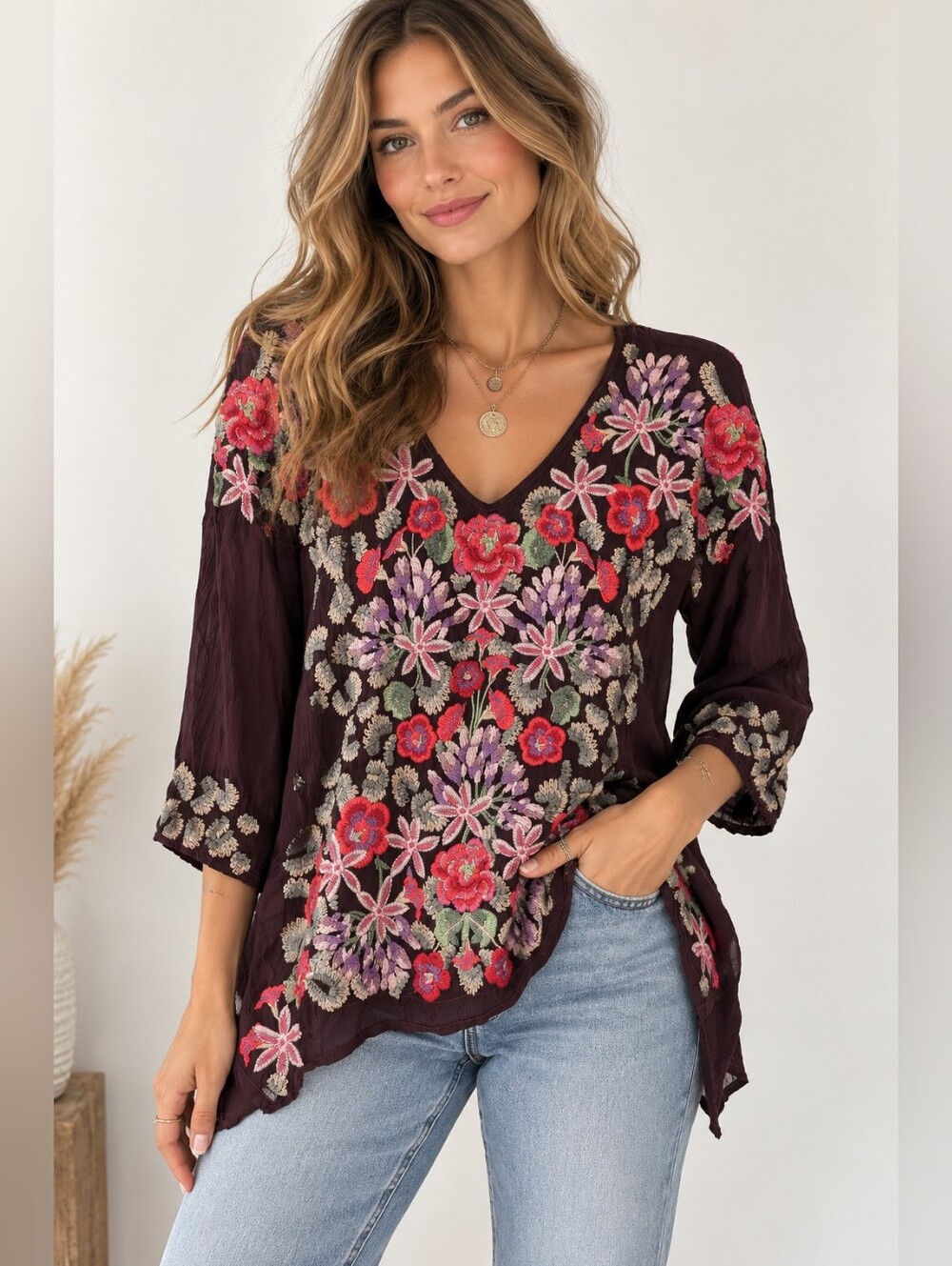 Johnny Was Embroidered Floral Tunic Top Brown Burgundy Boho Size Small